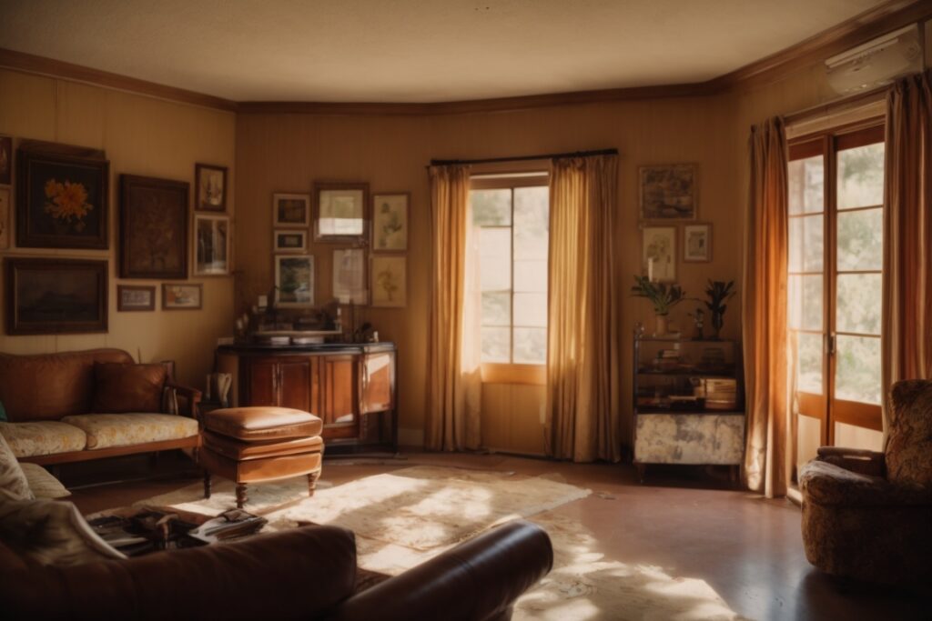 San Jose home interior with sun-damaged furniture and fading artworks