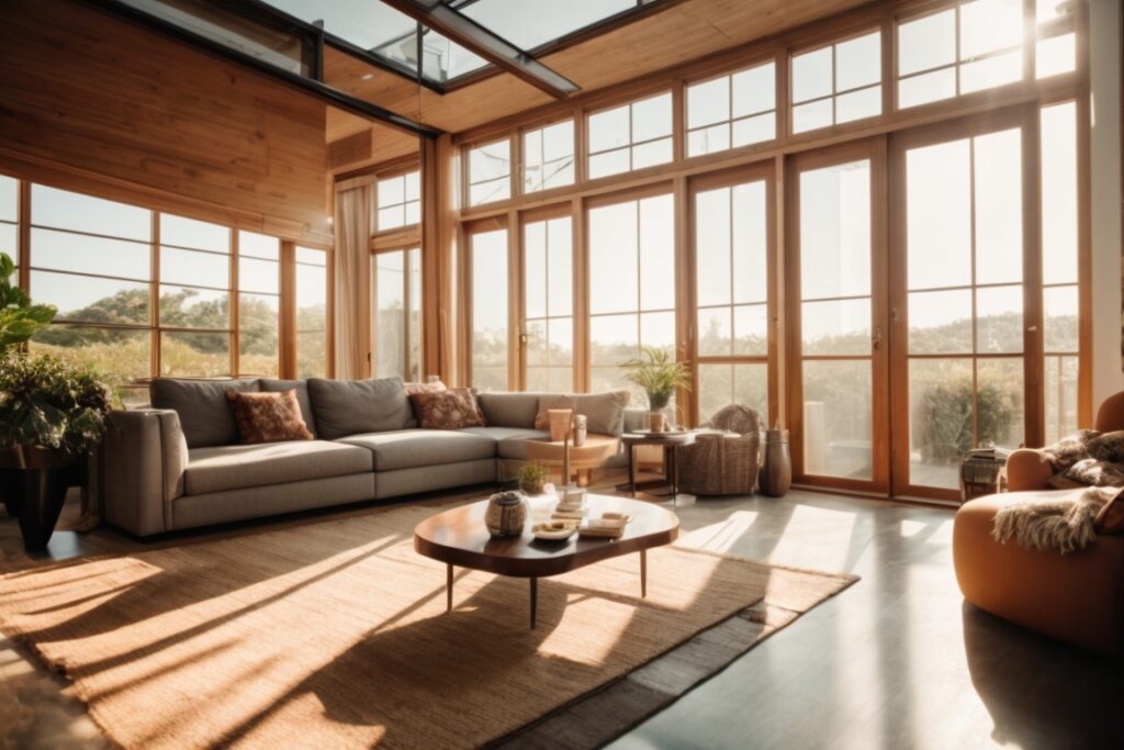 Modern home interior bathed in sunlight, showing faded furniture with UV blocking window film on windows