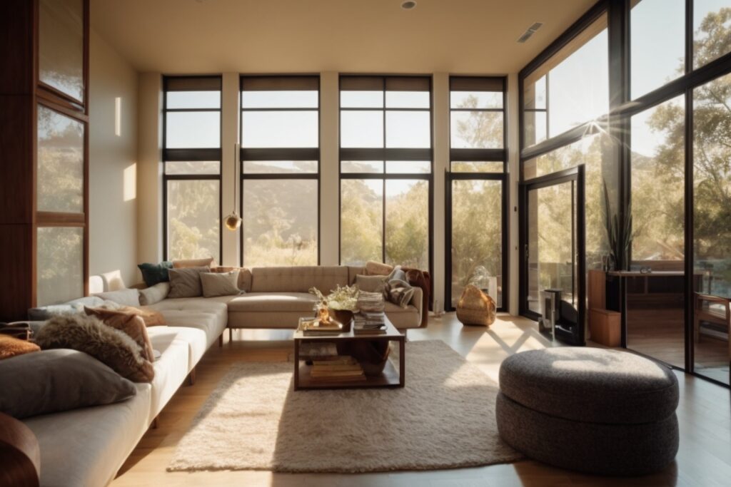 San Jose home with spectrally selective window film, sunlight filtering through