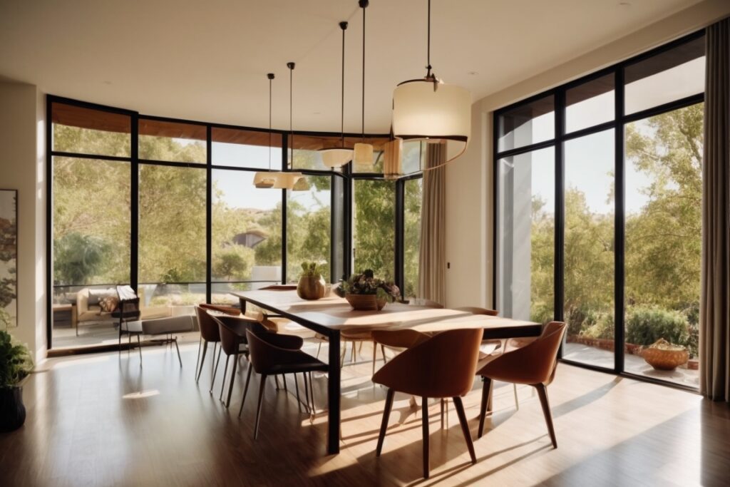 San Jose home interior, energy-efficient windows with protective film, sunlight filtering through