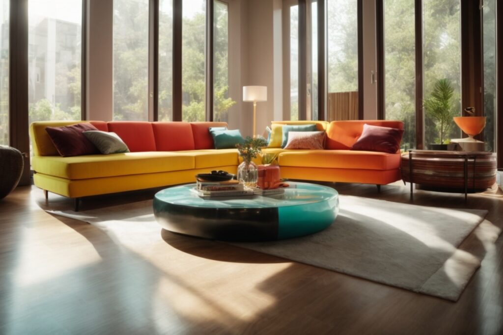 Interior with vibrant colored furniture and sunlight filtering through fade prevention window film