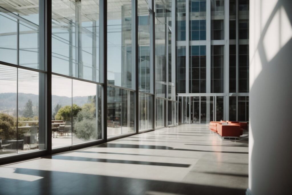 Bright Silicon Valley office with opaque film on windows, reduced glare on screens