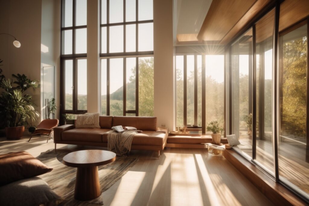 Home interior with sunlight filtering through solar window film