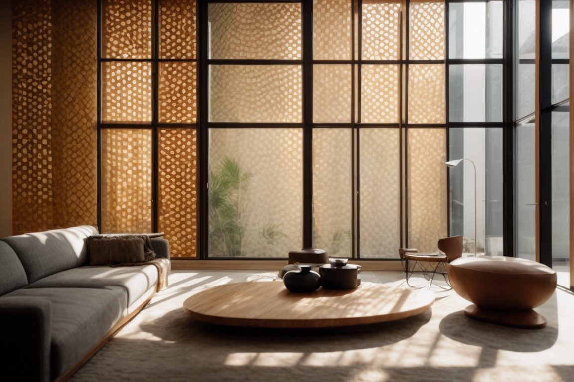 modern home interior with decorative window film patterns and sunlight streaming through