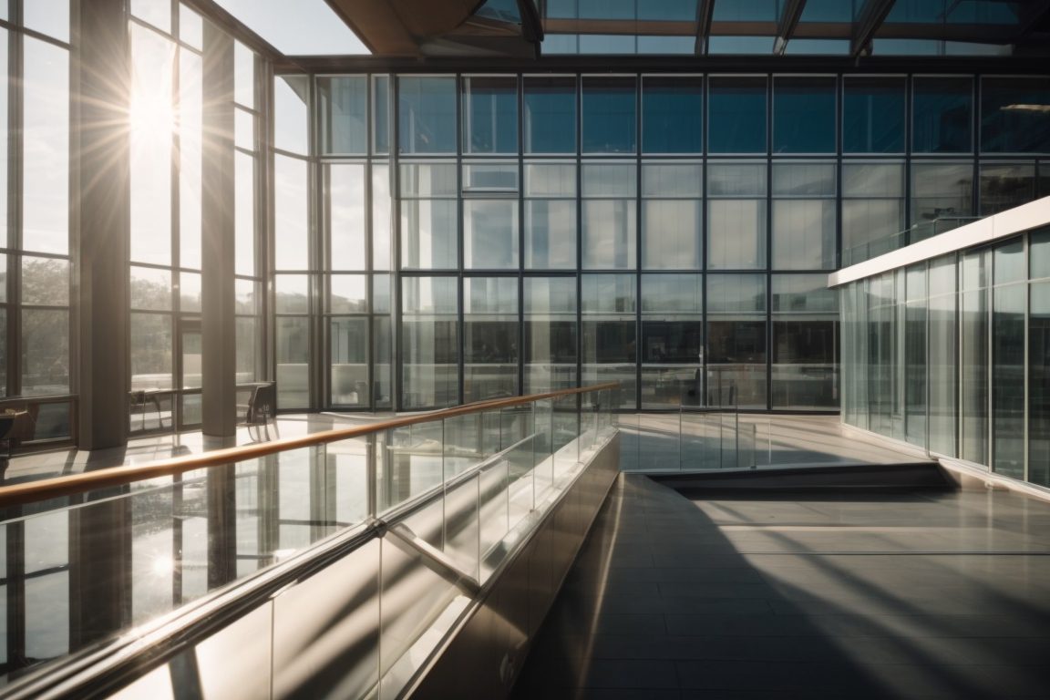 commercial building with expansive glass exterior and sunlight filtering through windows