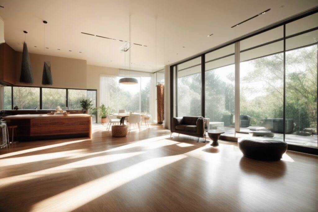 Interior of a modern home with UV protection window film installed, sunlight filtering through