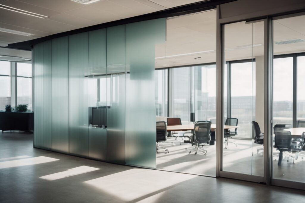 Modern office interior with frosted glass dividing walls and opaque windows