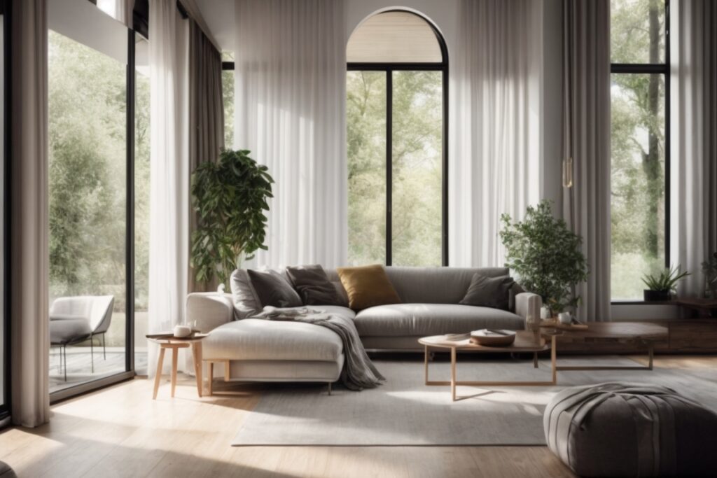 Modern home interior with opaque window films, UV protection, stylish and serene living space