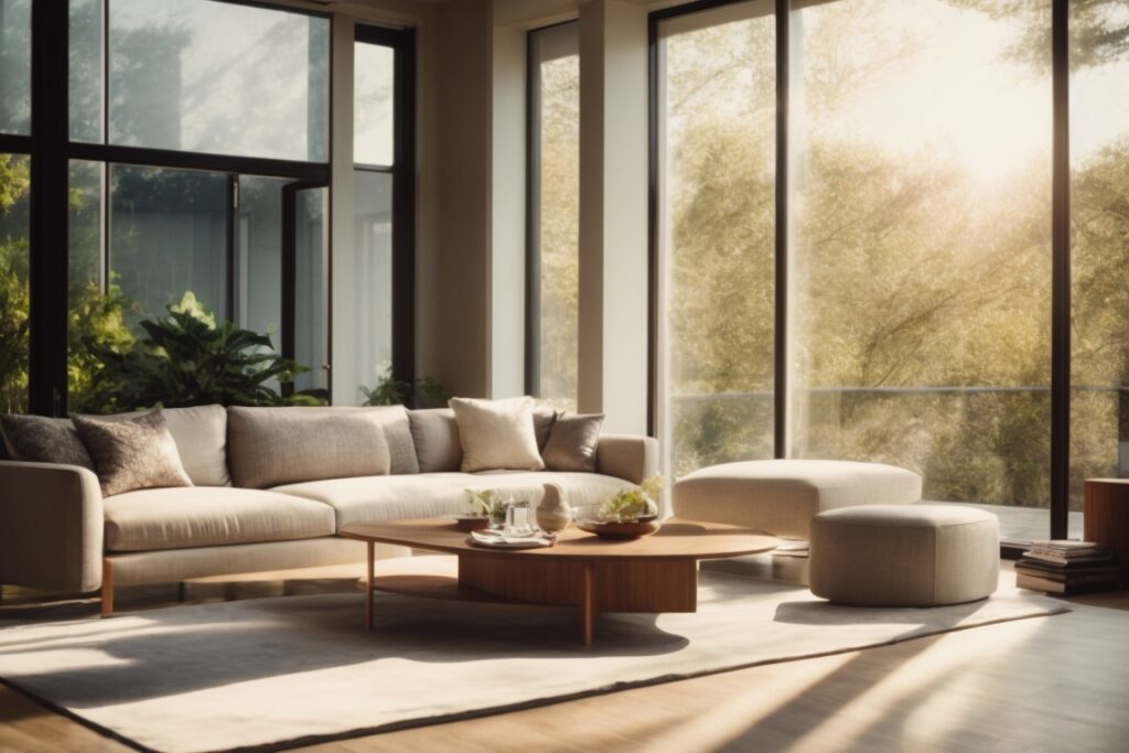 modern living room with sun control window film, sunlight filtering through