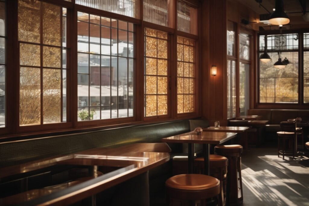 San Jose café interior with decorative window films, reduced glare, custom designs