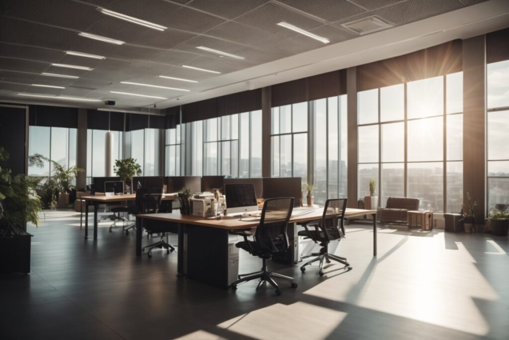 Office interior with tinted windows filtering sunlight, comfortable and modern workspace with energy-efficient lighting