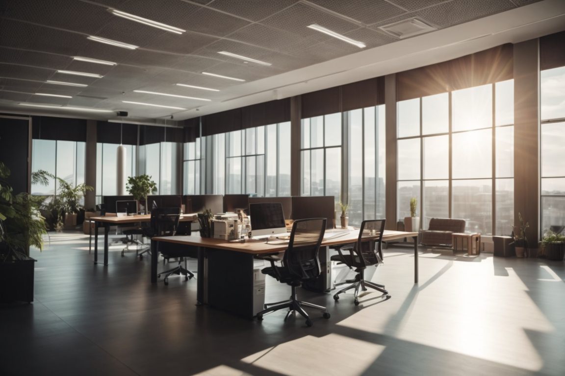 Office interior with tinted windows filtering sunlight, comfortable and modern workspace with energy-efficient lighting