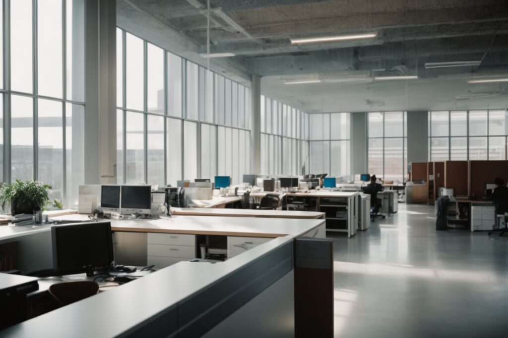 Open-plan office interior with opaque windows and visible distractions