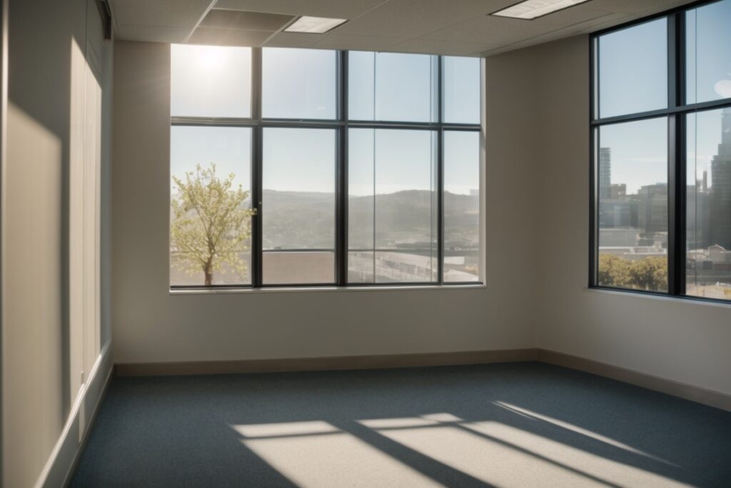 San Jose office interior with insulating window film, sun filtering through